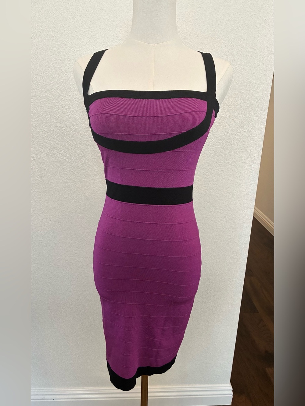 Bebe Y2K Purple Black Bandage Bodycon Mini Dress Clubwear Woman Size Small